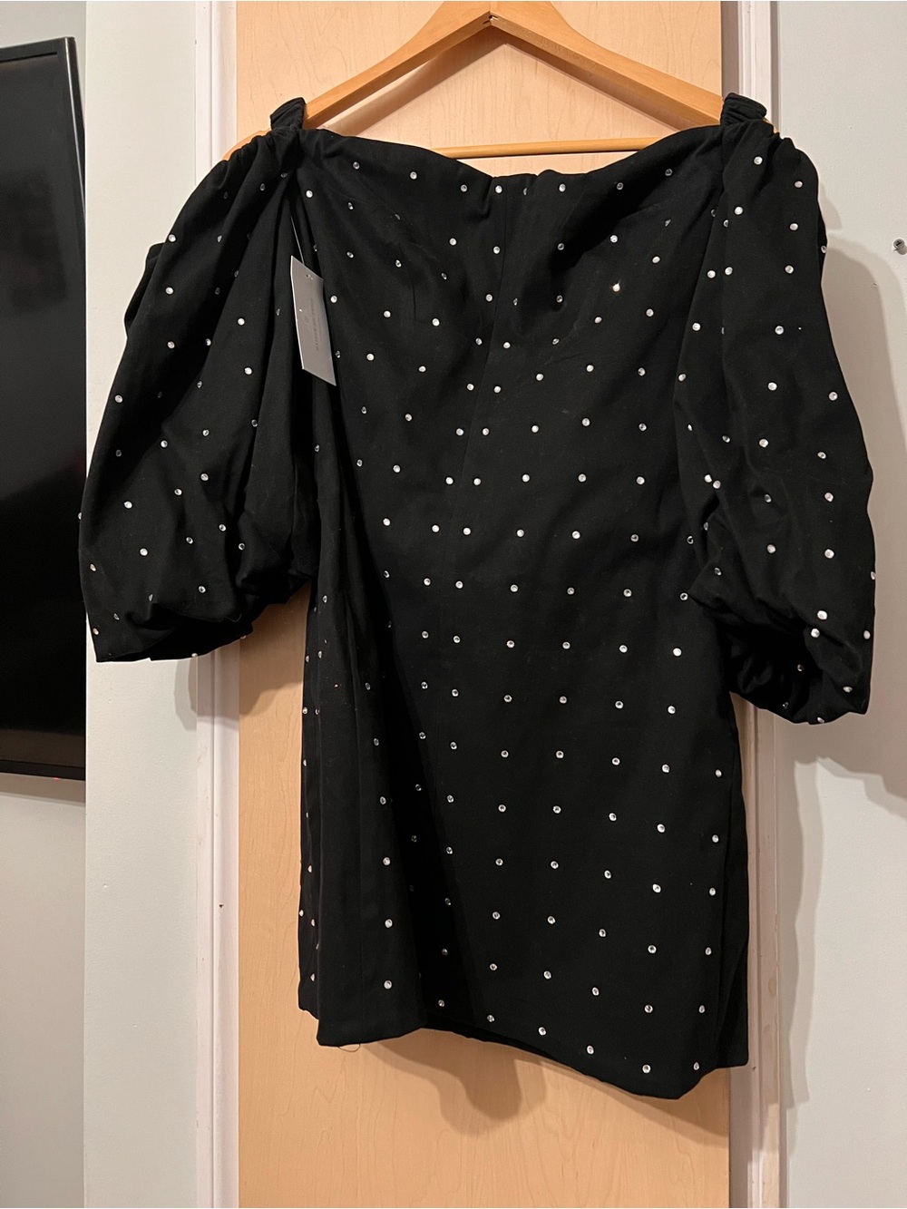 Black Polka Dot Puff-Sleeve Mini Dress with Pearl Accents